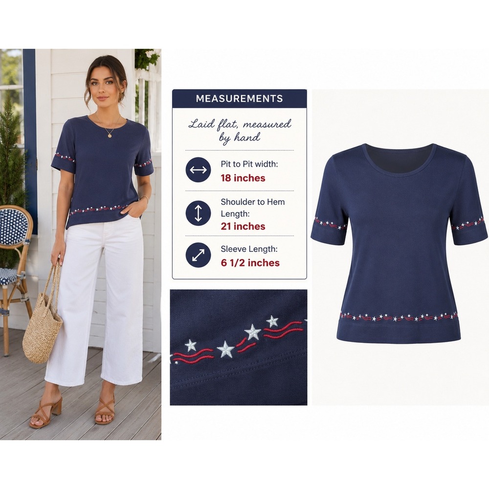 Christopher‎ & Banks Womens Large Navy Blue Patriotic Star Embroidered Knit Top